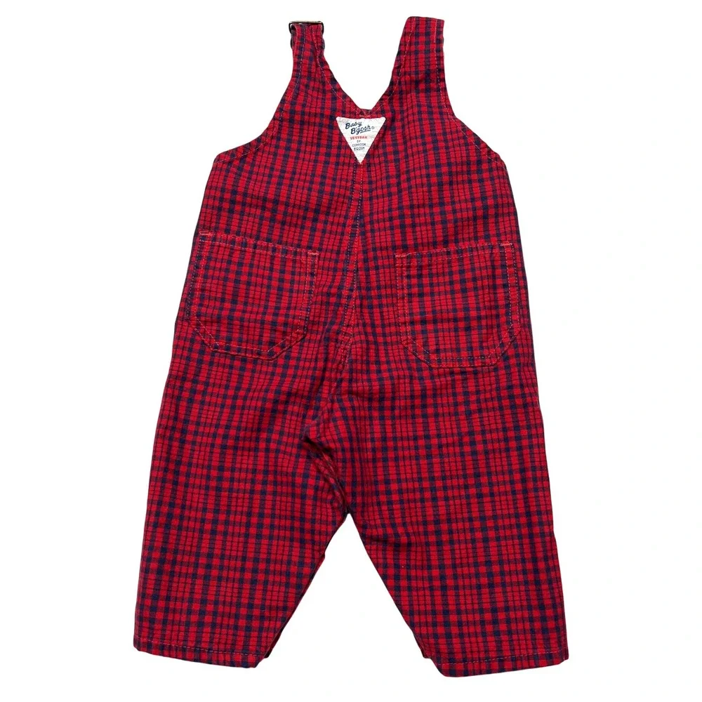 Vintage 90s Baby OshKosh B'Gosh Overalls 12M Red‎ Blue Plaid USA Made Snaps EUC